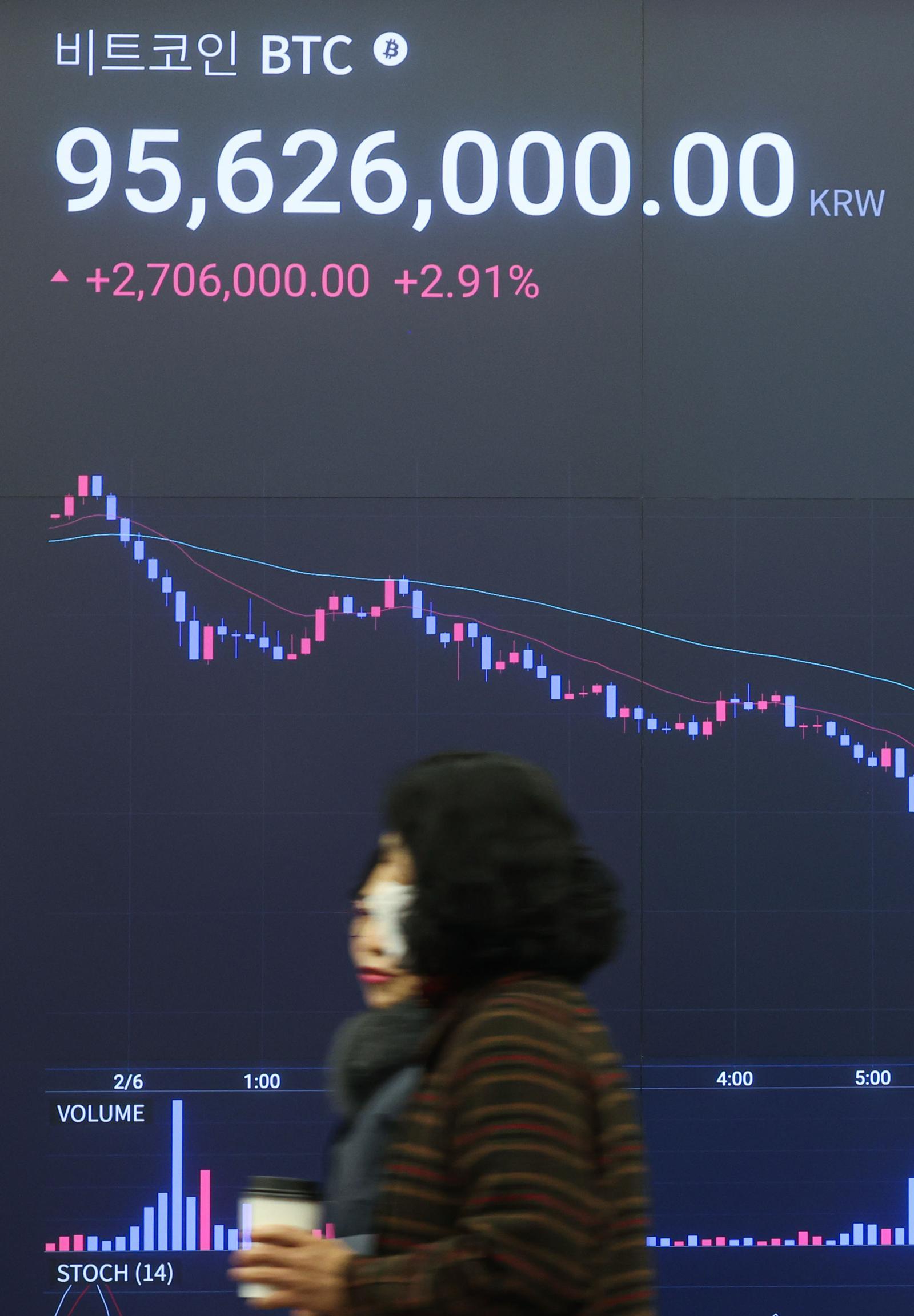 비트코인이 급락하며 1억원 대가 깨진 6일 서울 강남구 업비트 고객센터 전광판에 비트코인 등 암호화폐 시세가 나오고 있다. 2026.02.06 [서울=뉴시스]