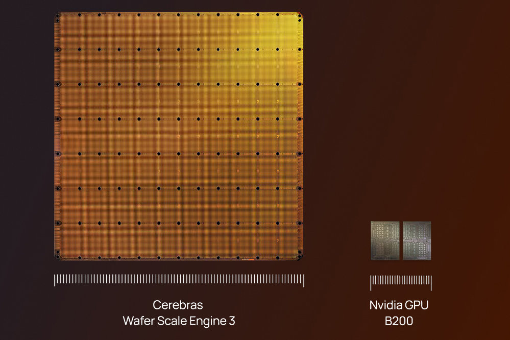 좌측이 세레브라스 WSE-3 칩, 우측이 엔비디아 B200 블랙웰 GPU 반도체다 / 출처=세레브라스
