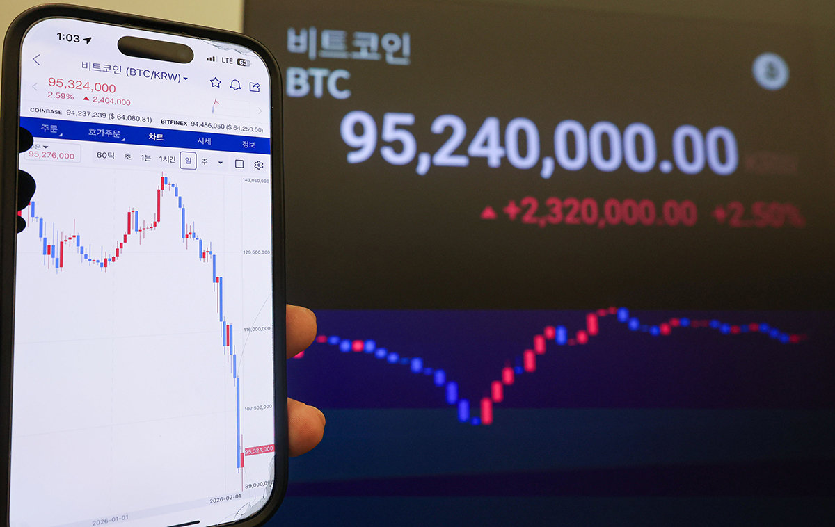 비트코인이 급락하며 1억원 대가 깨진 6일 서울 강남구 업비트 고객센터 전광판에 비트코인 등 암호화폐 시세가 나오고 있다. 2026.02.06. 뉴시스