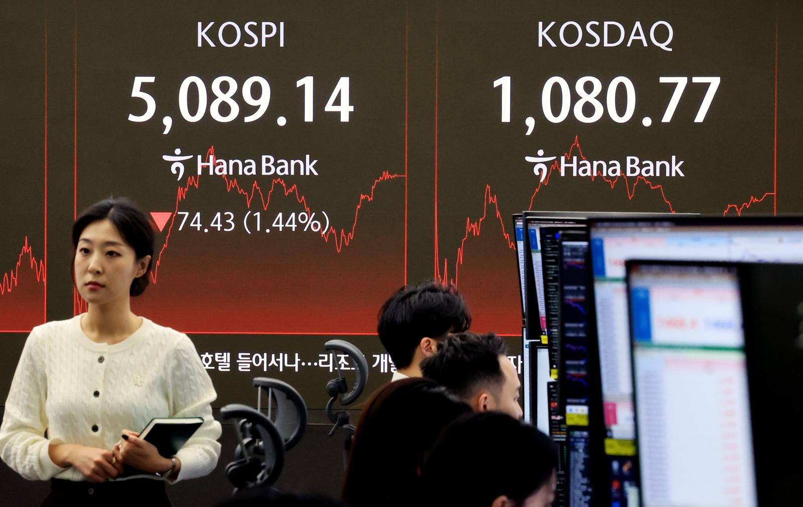 6일 서울 중구 하나은행 본점 딜링룸 전광판에 코스피 종가가 표시돼 있다. 이날 코스피는 전 거래일 대비 74.43포인트(1.44%) 하락한 5,089.14에 코스닥은 전 거래일 대비 27.64포인트(2.49%) 하락한 1,080.77로 장을 마쳤다. 2026.2.6 / ⓒ 뉴스1