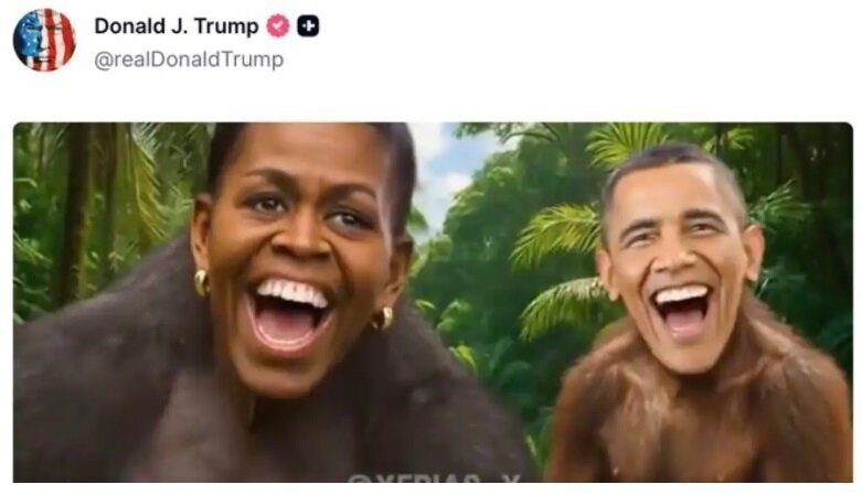 도널드 트럼프 미국 대통령이 자신의 SNS 트루스소셜에 게시한 선거 음모론 영상에 나오는 버락 오바마 전 대통령 부부(트럼프 트루스소셜 갈무리)