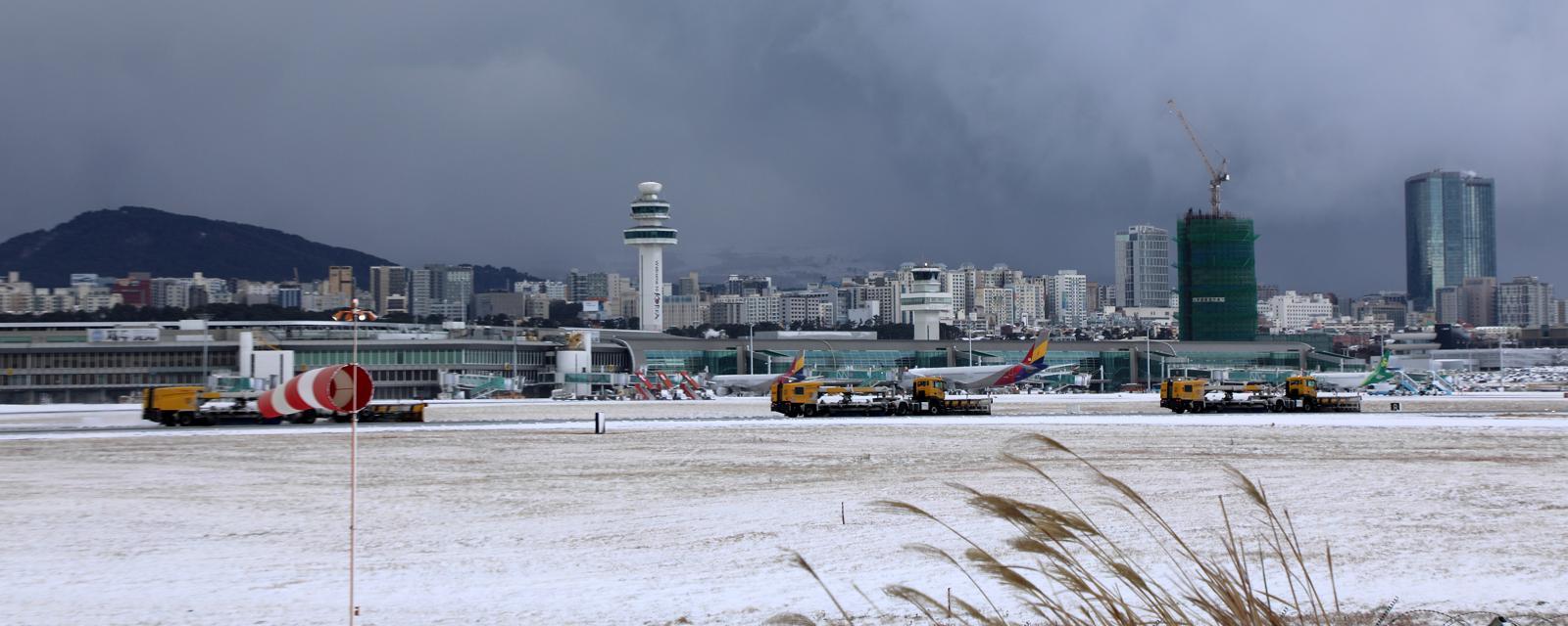 8일 오전 강한 눈폭풍으로 활주로 운영이 중단된 제주국제공항에서 제설차들이 분주히 오가고 있다. 2026.2.8. 뉴스1
