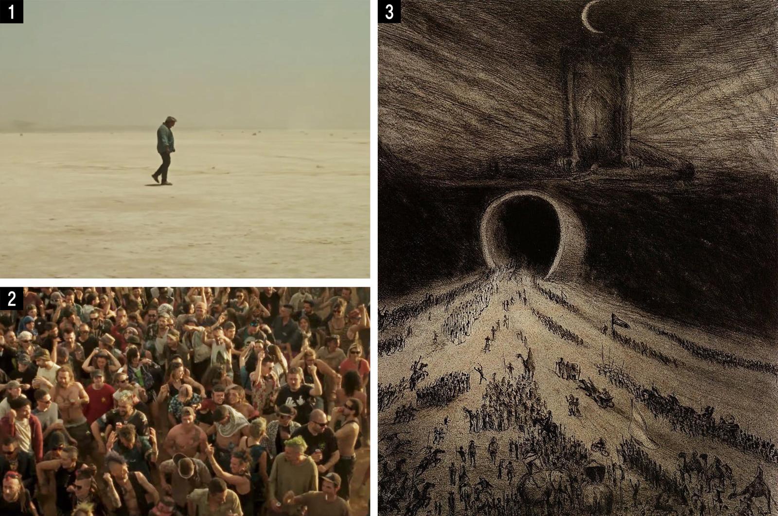 ❶ 영화 ‘시라트’의 등장인물이 홀로 사막을 걸어가고 있다. 영화는 이 황량한 풍경을 ‘천국으로 가는 길’을 묻는 사유의 공간으로 삼는다. ❷ 테크노 음악에 몸을 맡긴 채 춤을 추는 군중. 영화는 탈주와 해방의 환상이 또 다른 위험으로 이어질 수 있음을 암시한다. ❸ 화가 알프레트 쿠빈의 ‘지옥으로 가는 길’(1903년). 군중이 떼 지어 몰려가는 넓은 길은 영화가 말하는 ‘머리카락보다 가는 천국의 길’과 대비된다. 사진 출처 IMDb·퍼블릭도메인