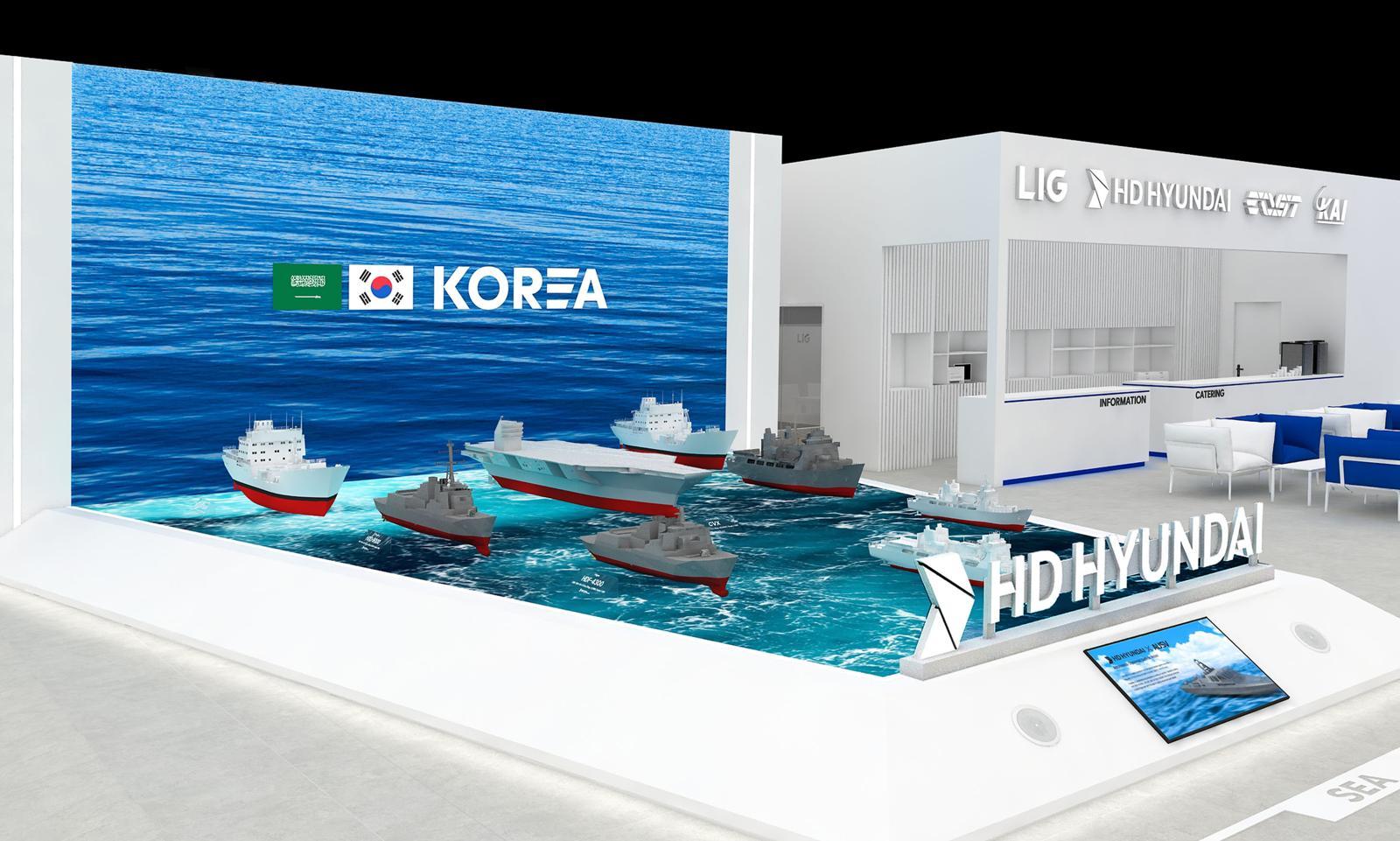 8일(현지 시간) 사우디아라비아 리야드에서 개막한 2026 국제방산전시회(WDS)에 HD현대중공업이 설치한 홍보관. HD현대 제공