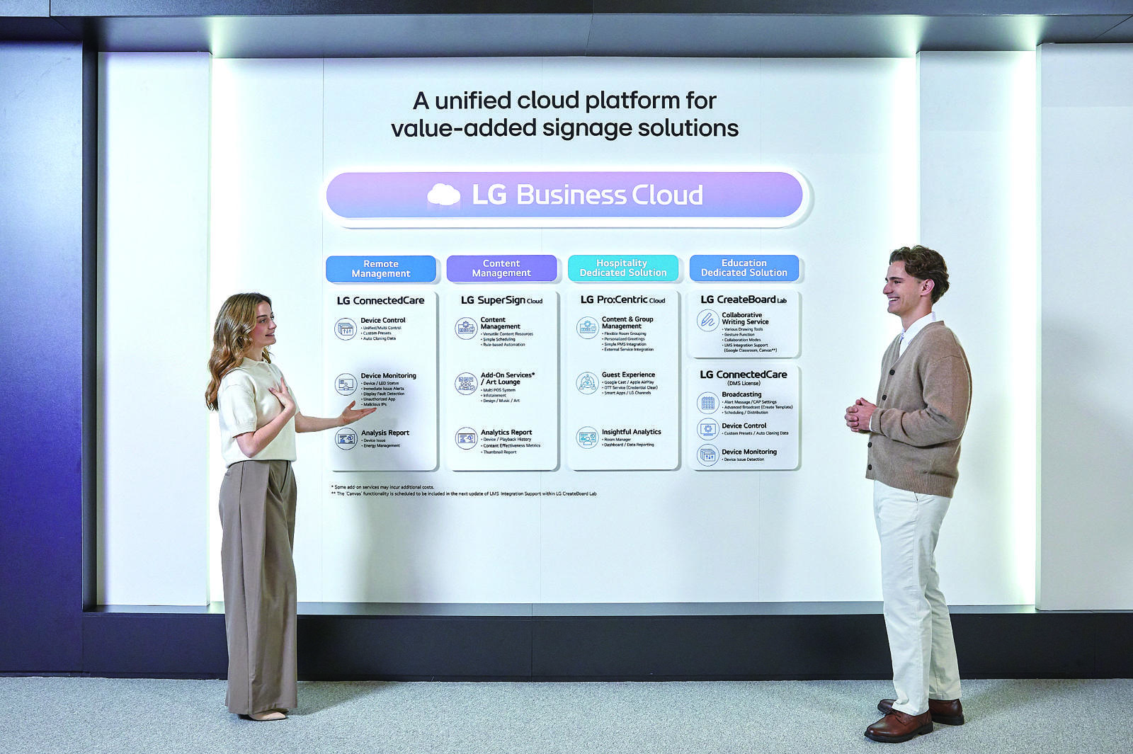LG 비즈니스 클라우드는 상업용 디스플레이 제품군을 원격으로 관리·운영할 수 있도록 설계된 B2B 전용 클라우드 플랫폼이다. 효율적인 콘텐츠 관리와 제어가 특징이다.