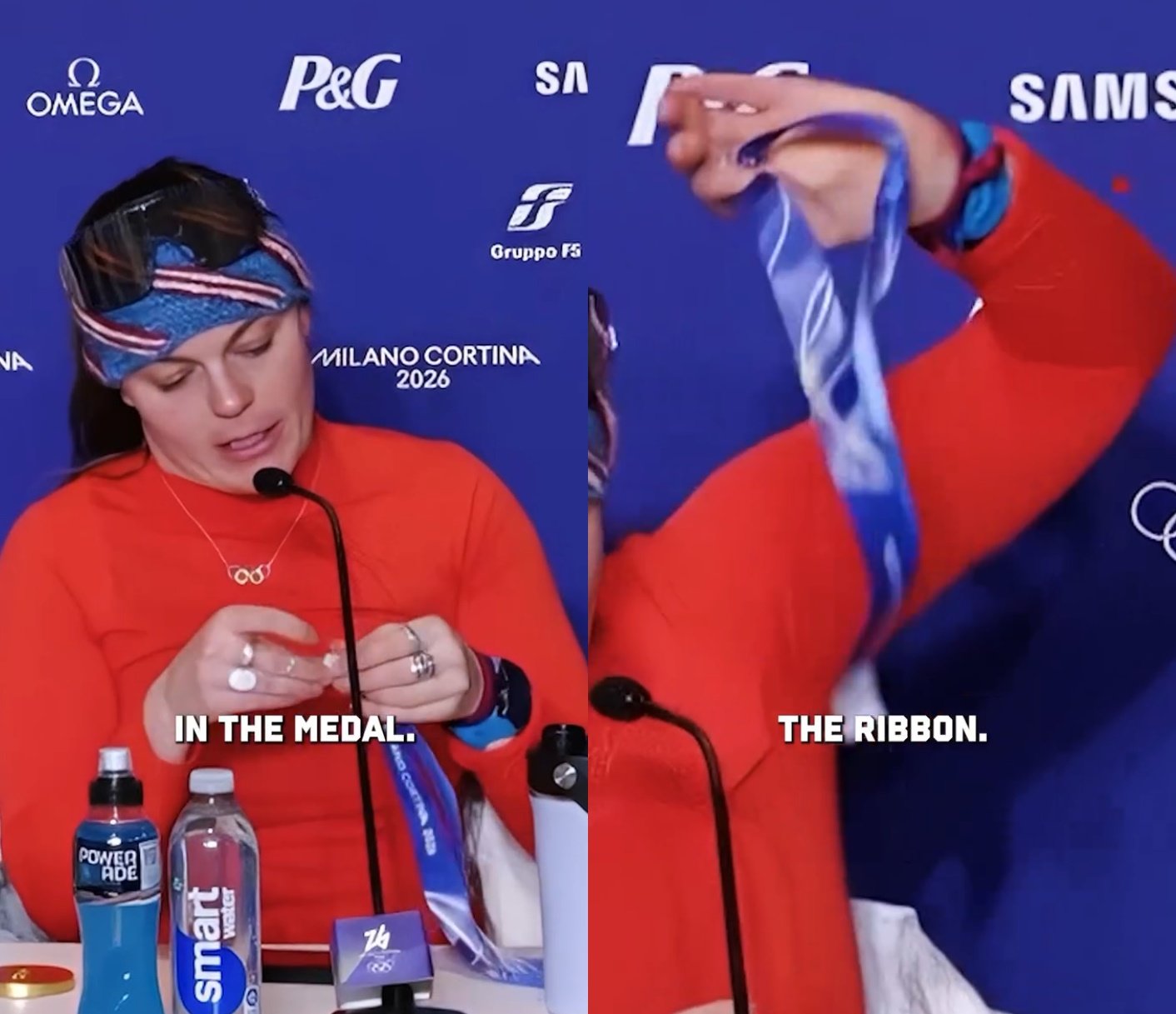 미국 알파인 스키 대표팀 브리지 존슨이 망가진 금메달을 들어보이고 있다. 인스타그램