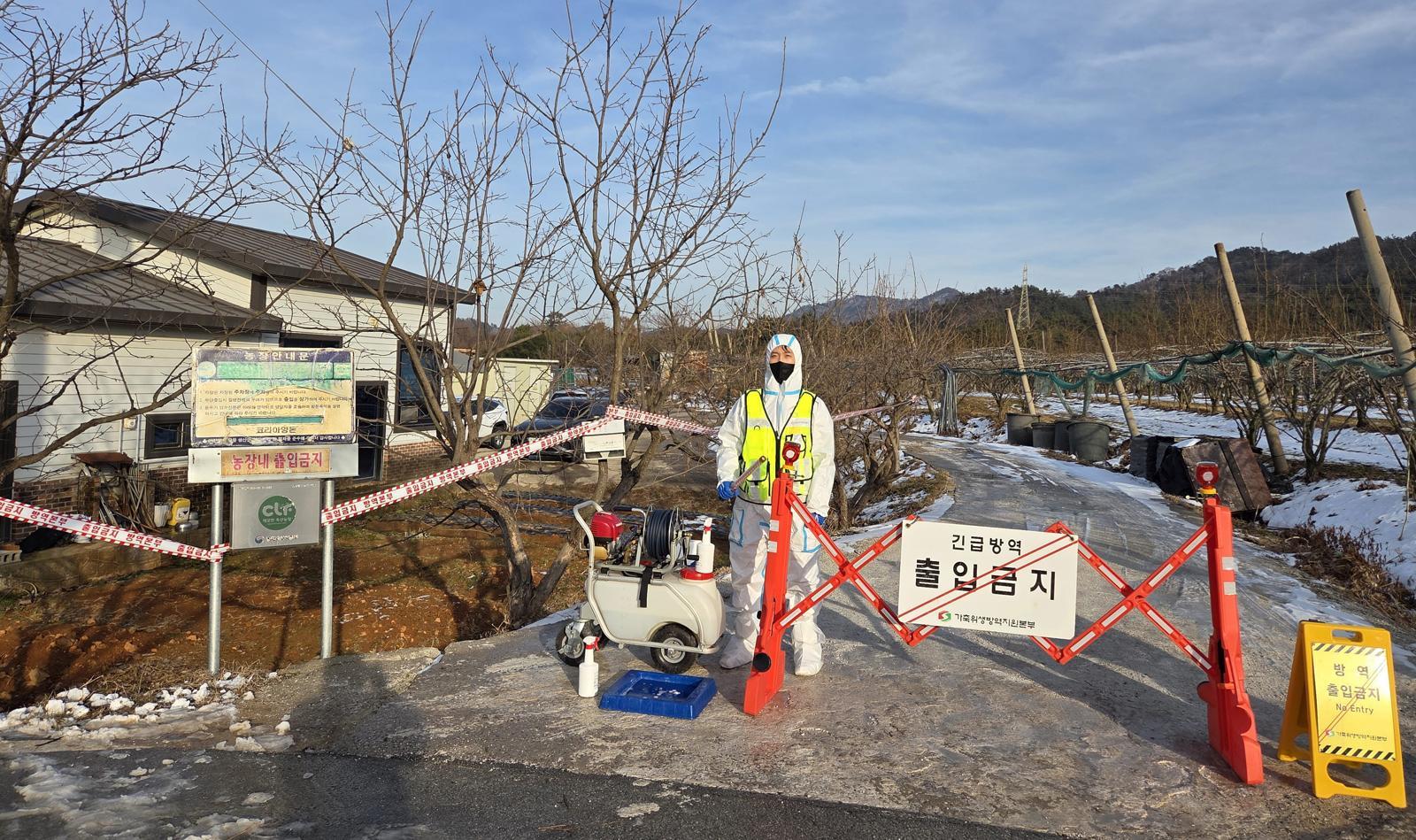 9일 아프리카돼지열병이 발생한 전남 나주시 봉황면의 양돈농장에서 방역팀 직원이 출입을 통제하고 있다. 전남도 제공