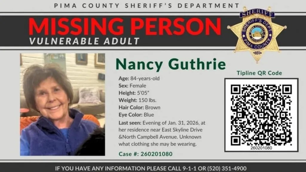 지난달 31일(현지시간) 미 NBC ‘투데이’ 쇼의 간판 앵커 사바나 거스리(54)의 어머니 낸시 거스리(84)가 애리조나주 투손의 자택에서 실종되면서 당국이 수사 중이다. 당국은 낸시가 납치된 것으로 판단하고 있다. 피마 카운티