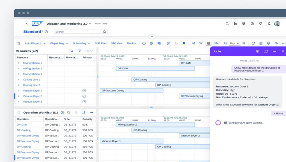 SAP의 공급망용 줄 에이전트(Joule Agents) 화면의 일부, 자율적으로 생산 계획이나 운영, 공급업체 소싱 등을 진행하는 서비스다 / 출처=SAP