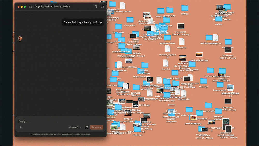 클로드 코워크를 활용해 데스크톱 파일을 자동으로 정리해달라고 명령을 내렸고, 에이전트가 자동으로 명령을 수행해 폴더를 정리했다 / 출처=앤스로픽