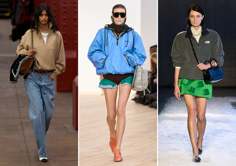 캐주얼 상의로 사랑받는 하프 집업이 일상에 스며든 럭셔리를 뜻하는 ‘콰이어트 럭셔리’ 트렌드를 상징하는 아이템으로 각광받고 있다. 샤넬(왼쪽 사진)이 올해 컬렉션 무대의 포문을 쿼터 집업으로 연 것을 비롯해 로에베(가운데), 센디 리앙 등 여러 럭셔리 브랜드가 하프 집업 상의를 선보이고 있다. 각 사 제공