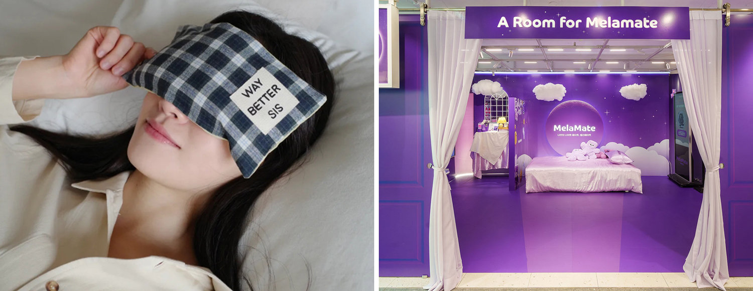 수면의 질을 최대한 끌어올리는 ‘슬립맥싱’이 새로운 트렌드로 떠오르면서 수면 산업 시장이 연간 4조 원대로 커지고 있다. 29CM에서 판매 중인 수면 안대(왼쪽 사진)와 이달 1일부터 서울 강남구 올리브영 강남타운점에서 진행 중인 CJ웰케어 멜라메이트 팝업 스토어. 각 사 제공
