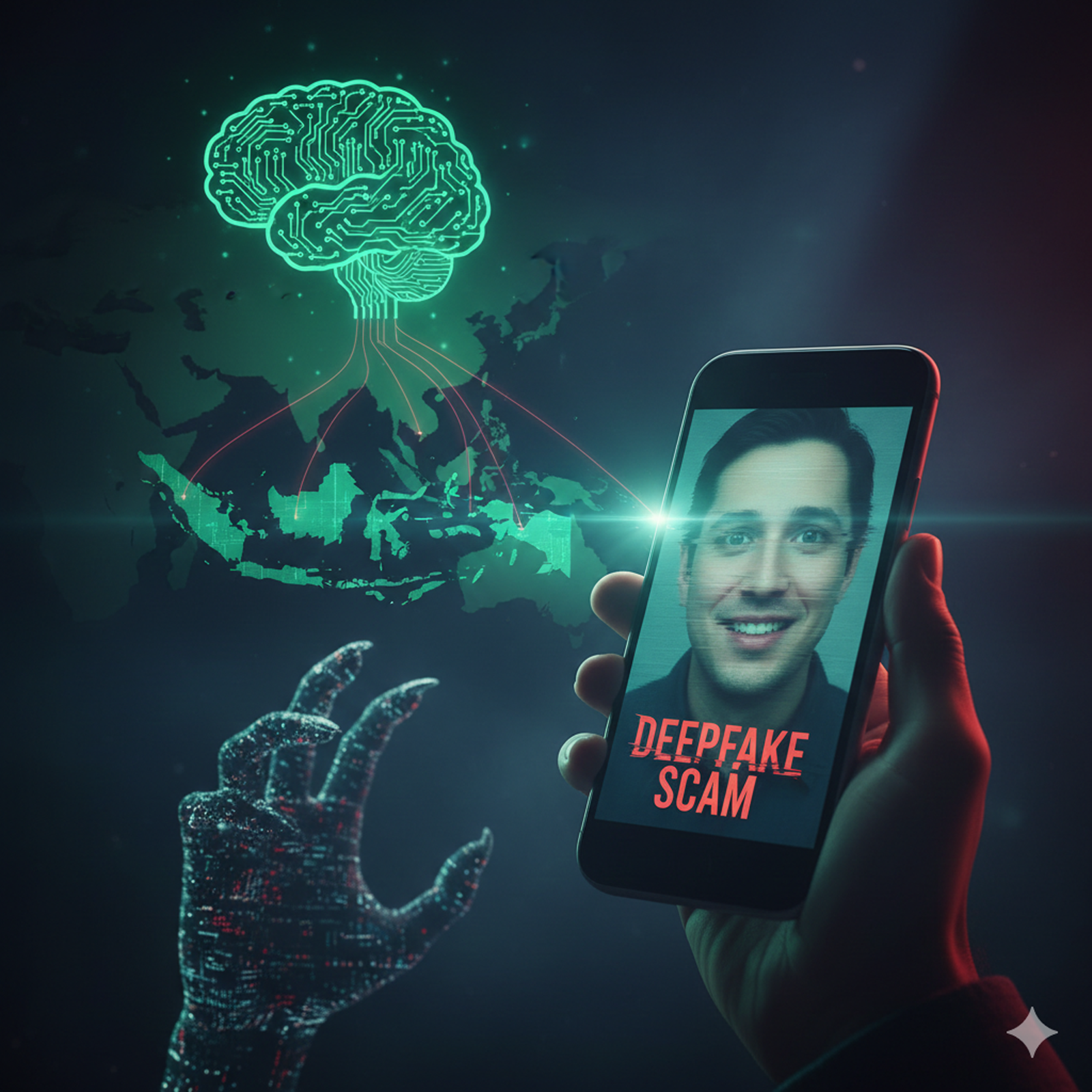 딥페이크 사기를 의미하는 스마트폰 화면 속 가짜 인물 얼굴과 ‘DEEPFAKE SCAM’ 문구, 동남아시아 지도 위에 연결된 AI 네트워크 그래픽이 표현된 이미지. 제미나이 AI 생성 이미지