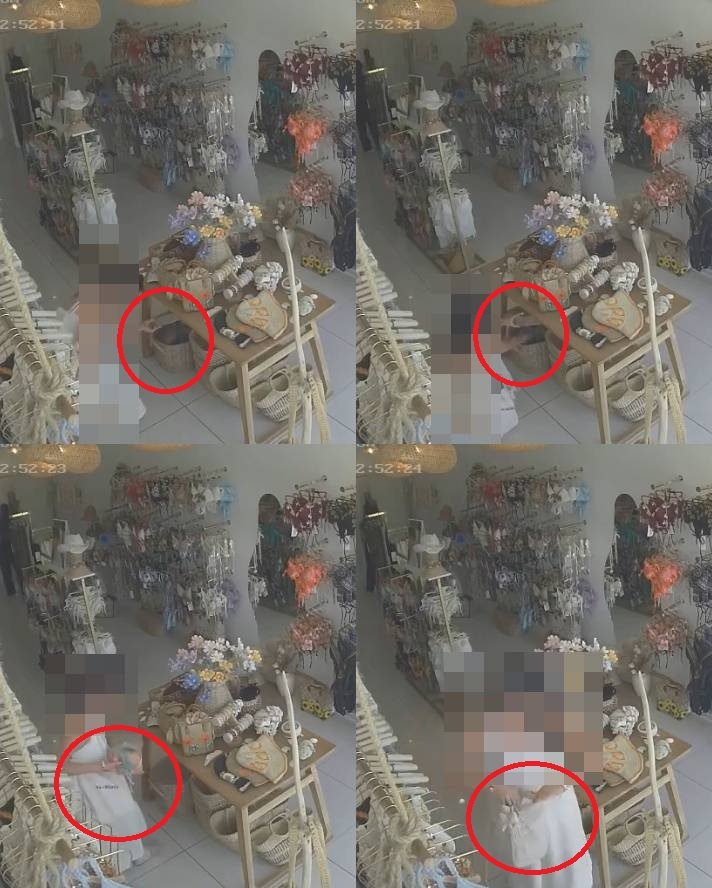 여성 한 명이 점원이 없는 틈을 타 보관함에서 수영복을 꺼내 가방에 넣고 있는 모습. 더 타이거