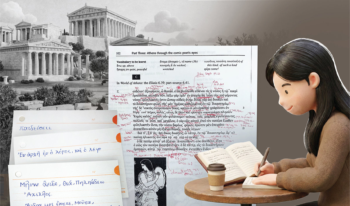최근 실용과 속도를 내려놓은 공부에 사람들의 관심이 커지고 있다. 번역가 최성웅 씨가 희랍어로 된 고전을 공부할 당시 남긴 필기(가운데)와 30년 차 항공업계 종사자 김모 씨가 만든 희랍어 단어장(왼쪽). 최성웅 씨 등 제공