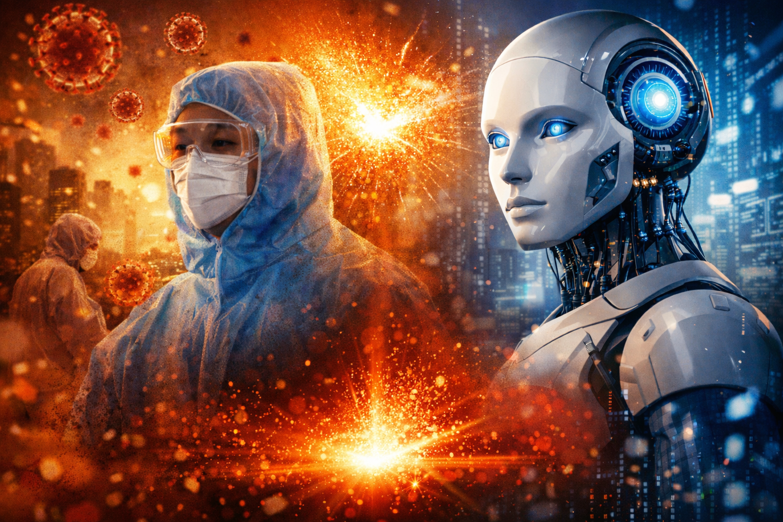 코로나19 팬데믹을 상징하는 방호복 의료진 이미지와 미래형 인공지능 로봇이 대비된 합성 이미지. AI 기술 발전이 팬데믹 이후 사회·직업 구조 변화에 미칠 영향을 상징적으로 표현했다. 챗GPT 생성 이미지