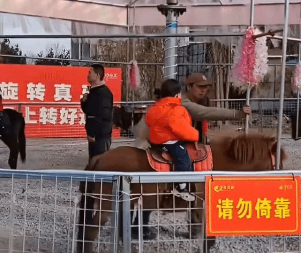 산시성 시안 관광지에서 이달 6일부터 살아있는 말로 운영했던 회전목마. 현재는 중단된 상태다. 웨이보 갈무리