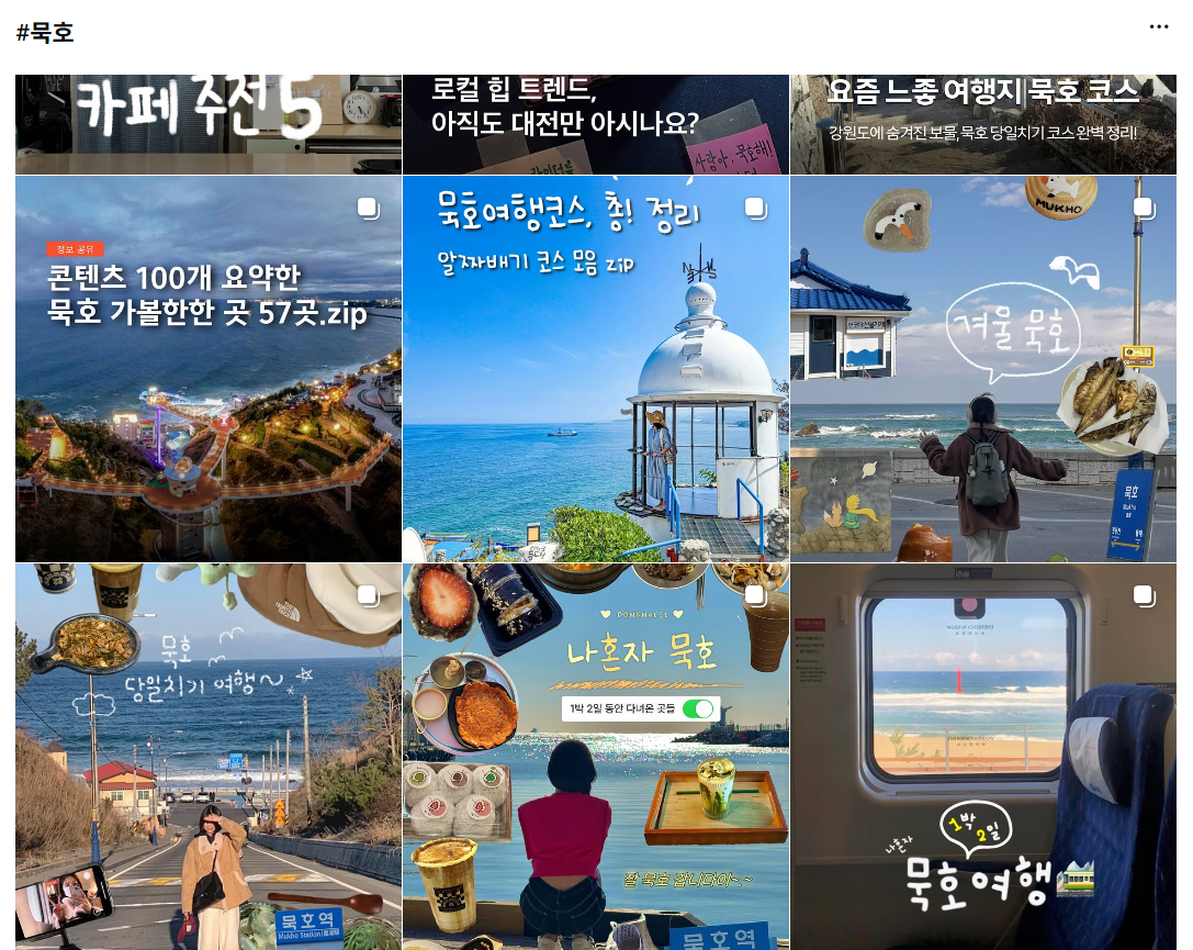 인스타그램에서 묵호를 검색했을 때 나오는 게시물들