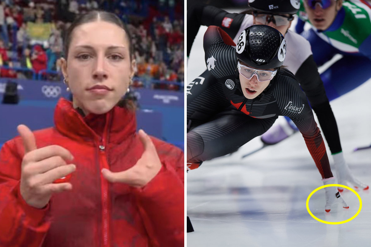 (왼쪽 사진) 플로랑스 브뤼넬이 10일 2026 밀라노-코르티나담페초 겨울올림픽 쇼트트랙 2000m 혼성 계주 시상대에 올라 중계 카메라를 향해 왼손을 들어 보이고 있다. (오른쪽 사진) 캐나다 쇼트트랙 대표 플로랑스 브뤼넬이 특수 제작한 맞춤형 장갑을 착용한 채 코너를 돌고 있다. 캐나다빙상경기연맹 홈페이지·캐나다 CBC방송 중계 화면 캡처
