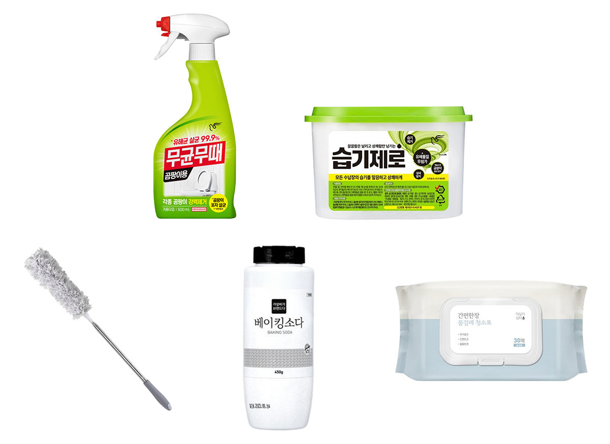 곰팡이 제거용 세정제, 습기 제거제, 물걸레 청소포, 베이킹소다, 길이 조절 먼지떨이. (사진=피죤 제공)