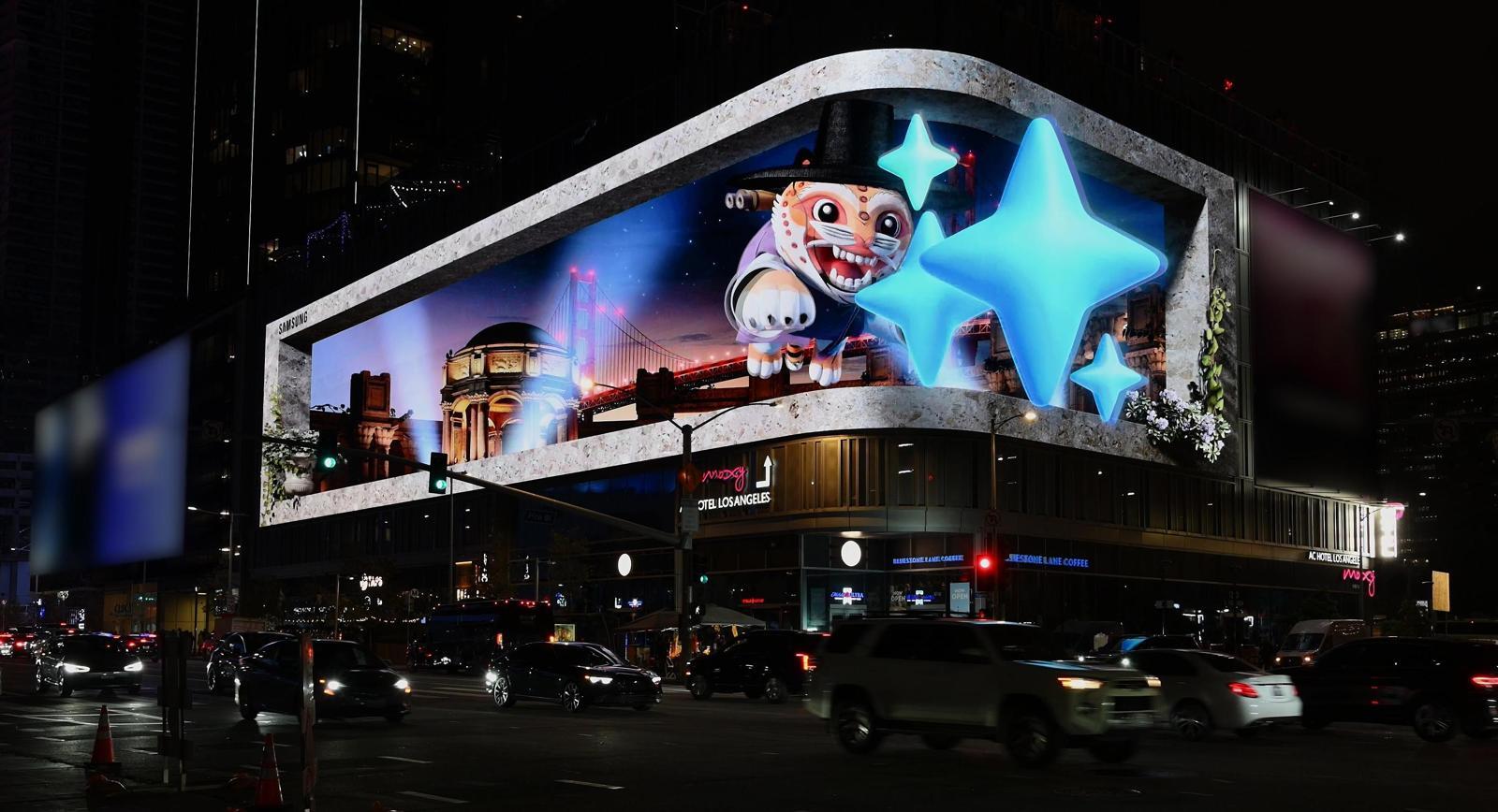 삼성전자는 한국 시간으로 이달 26일 오전 3시 미 샌프란시스코에서 열리는 ‘갤럭시 언팩 2026’을 앞두고 전 세계 17개국 랜드마크에서 3차원(3D) 옥외 광고를 선보이고 있다. 사진은 미국 로스앤젤레스 목시 호텔의 옥외광고 영상. 삼성전자 제공