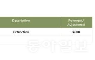 ‘600달러의 순간’. 맨해튼의 개인 치과에서  보험적용 없이 어린이 치아 두개를 발치할 때의 가격이다. (심지어 의사 선생님이 재량으로 할인해 준 뒤 가격이며, 성인 치아 발치는 더 비싸다.)