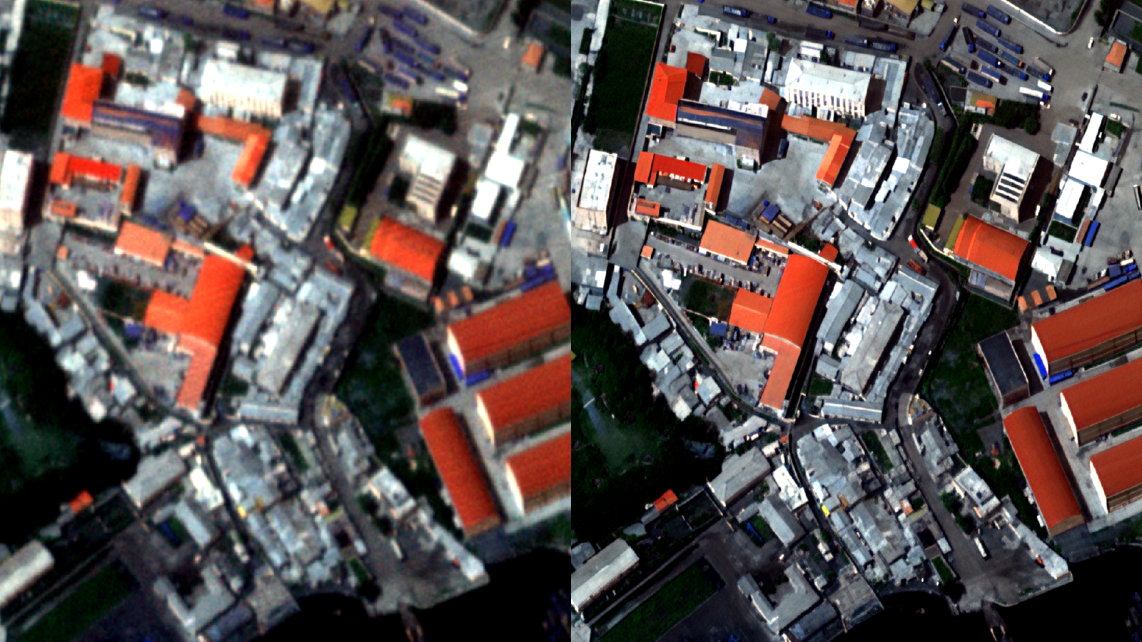 한화시스템에서 개발하고 있는 위성영상 분석 인공지능(AI) 시스템이 흐릿한 영상(왼쪽 사진)을 선명하게 바꾸는 해상도 업스케일링을 진행한 모습(오른쪽 사진). 한화시스템 제공