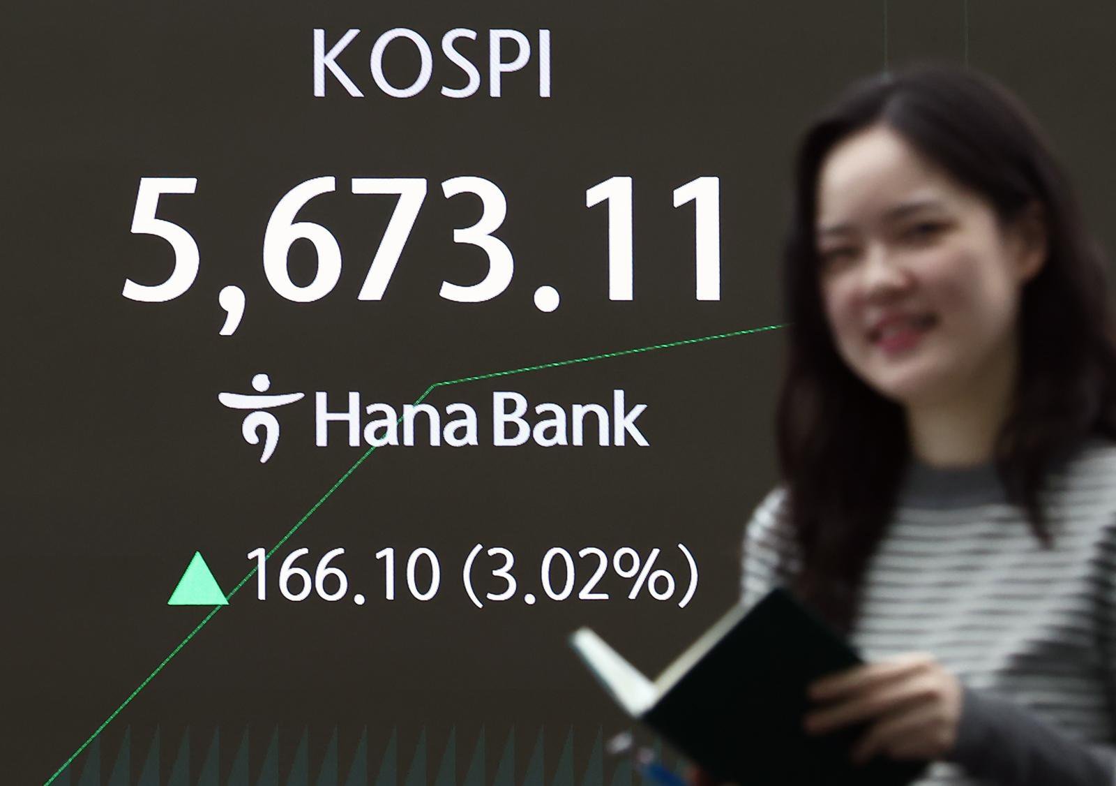코스피가 사상 처음으로 장중 5600선을 돌파한 19일 오전 서울 중구 하나은행 딜링룸 전광판에 시황이 나오고 있다. ⓒ 뉴스1