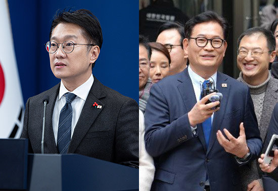 김남준 청와대 대변인(왼쪽)과 송영길 소나무당 대표. 뉴시스·소나무당 제공