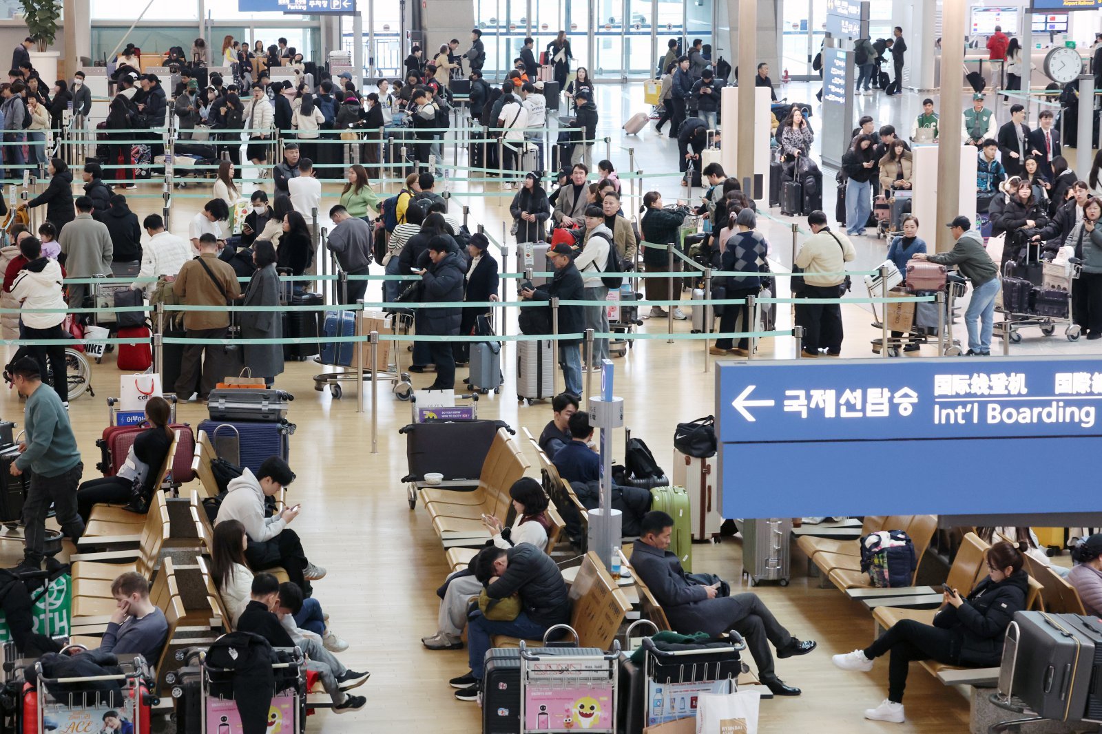설 연휴가 시작된 14일 오전 인천국제공항 제1여객터미널 출국장이 이용객들로 북적이고 있다. 2026.02.14 [인천공항=뉴시스]