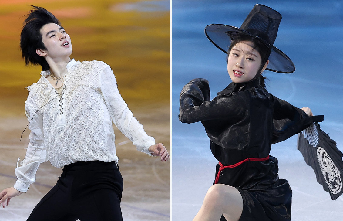 차준환(왼쪽)·이해인이 22일 열린 2026 밀라노-코르티나담페초 겨울올림픽 피겨스케이팅 갈라쇼에서 연기를 펼치고 있다. 밀라노=뉴스1