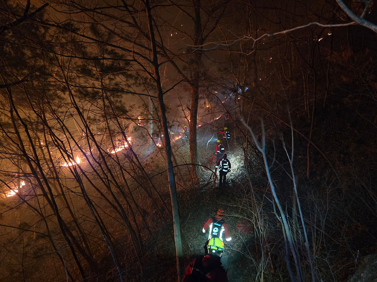 경남 함양 산불 사흘째인 23일 새벽 함양군 마천면 일대에서 산림당국이 산불 진화 작업을 벌이고 있다. 2026.2.23. 산림청 제공