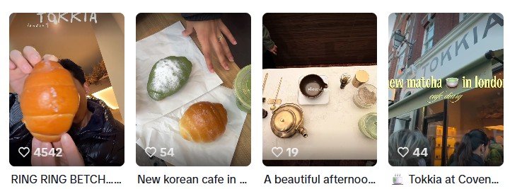 틱톡에서 화제가 된 런던 한국식 카페. 말차 음료와 소금빵 등을 맛본 후기 영상이 확산되고 있다. 사진=틱톡 갈무리