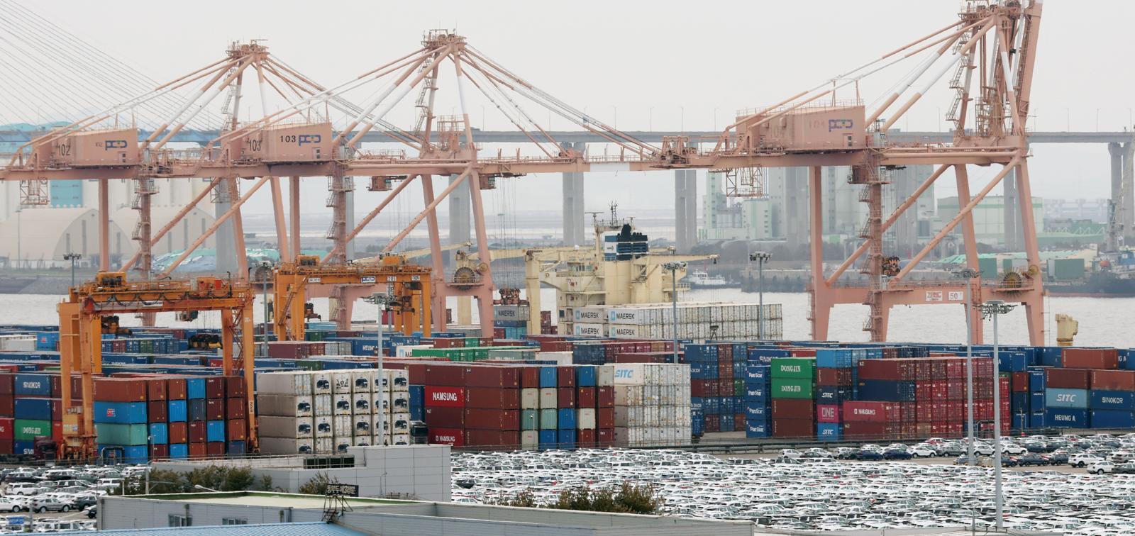 23일 경기 평택시 포승읍 평택항에 수출용 컨테이너가 쌓여있다.  2026.2.23 뉴스1