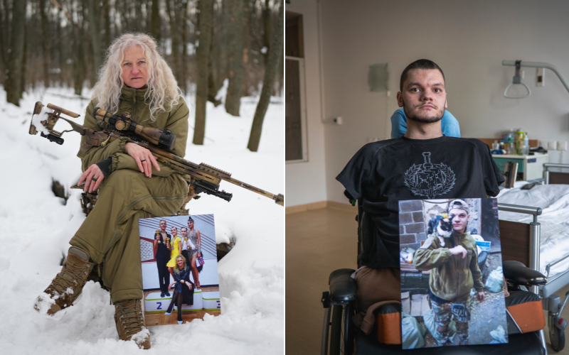 댄스 강사였던 테탸나 히미온은 22일 현재 우크라이나 군 저격수로 복무 중이다.(왼쪽) 건장한 청년이었던 루슬란 크니시는 러시아의 무인기 공격으로 팔다리를 모두 잃었다. 키이우=AP 뉴시스