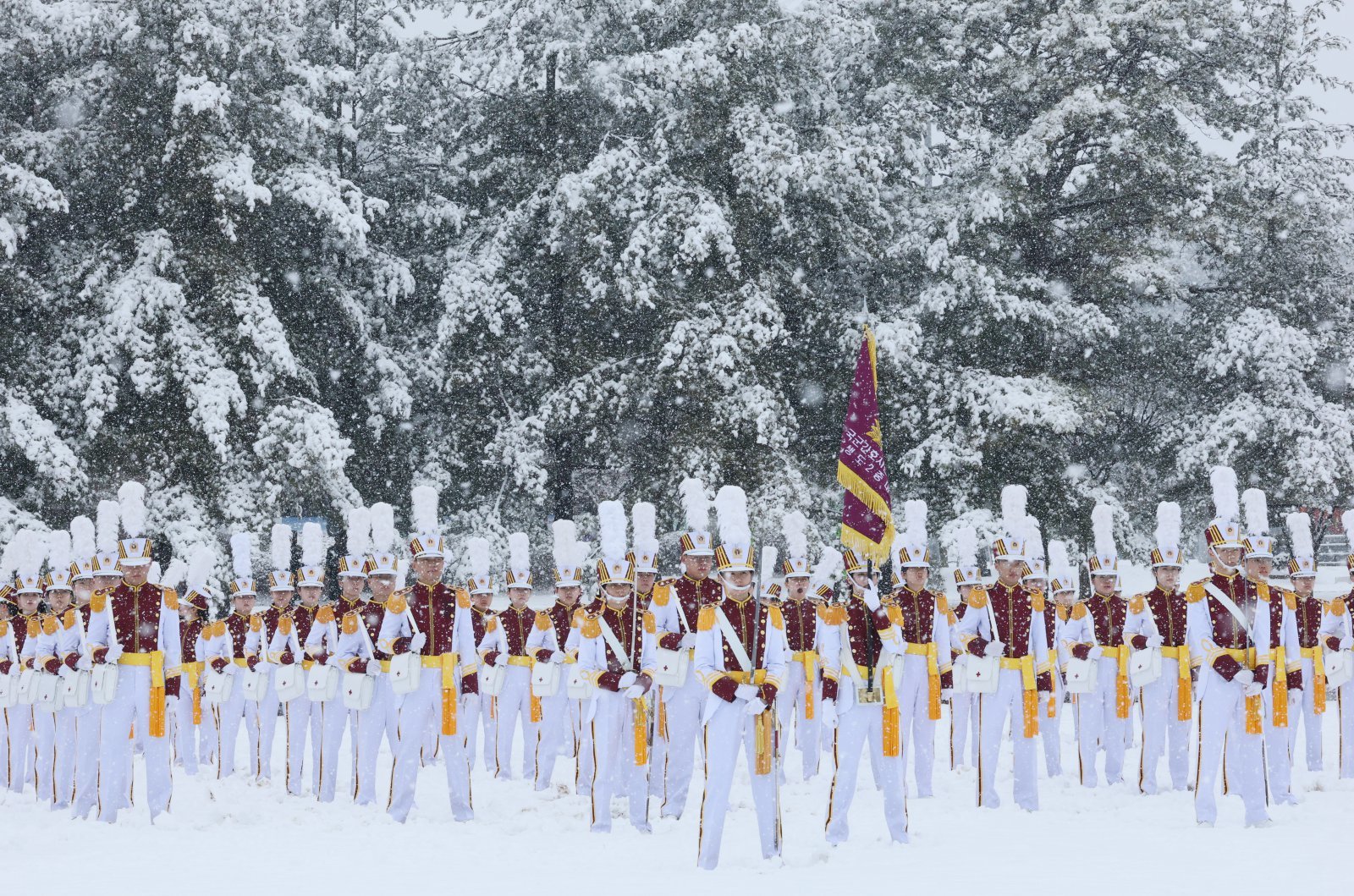 눈이 내린 지난 24일 대전 유성구 국군간호사관학교에서 열린 제70기 입학식에서 생도들이 도열해 있다. 2026.2.24 ⓒ 뉴스1