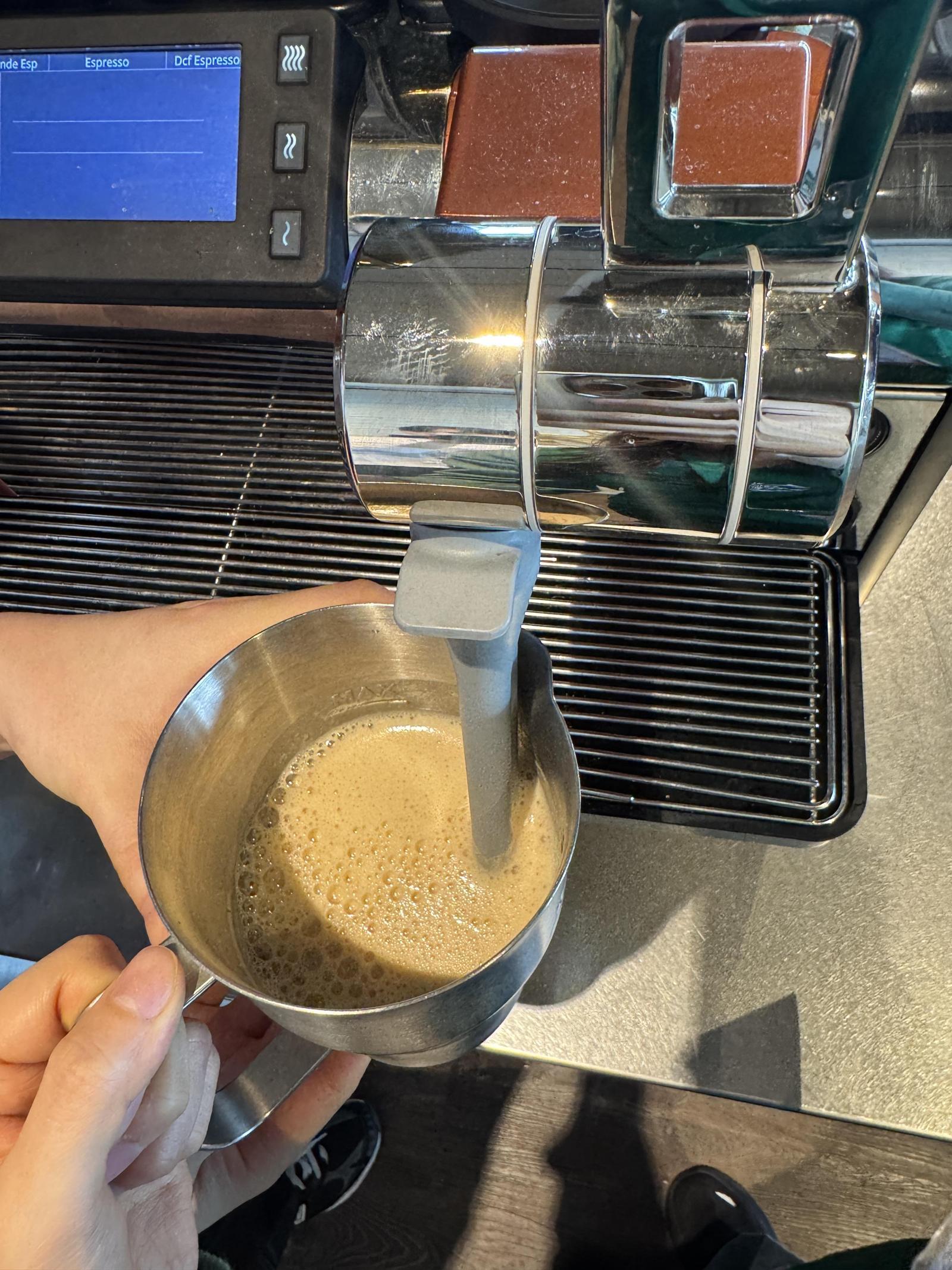 얼음 한 스쿱과 에스프레소 2샷을 스팀 피처에 넣고 약 10초간 공기를 주입하고 있다. 김혜린 기자 sinnala8@donga.com