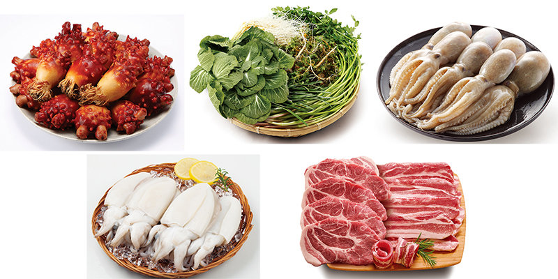 왼쪽 위부터 시계방향으로 남해안 봄멍게, 봄나물, 생주꾸미, 삼겹살, 생갑오징어의 이미지 컷. *상품별 행사기간은 상이하며 조기품절될 수 있습니다. 자세한 내용은 점포 고지물 참고.