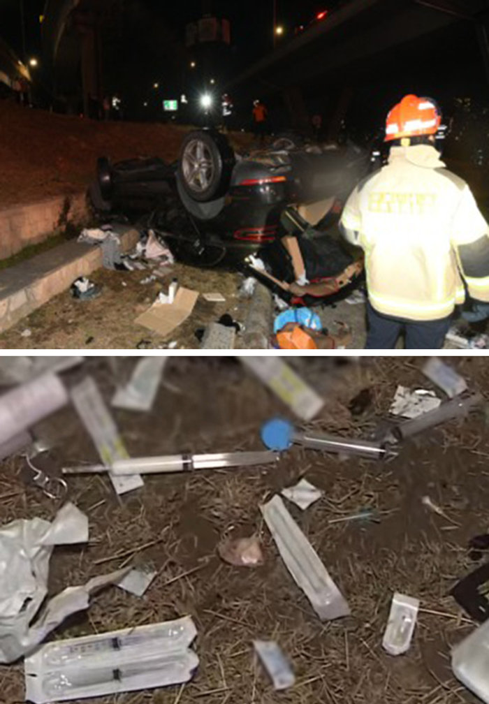 25일 오후 서울 반포대교에서 강변북로로 추락한 포르쉐 차량이 거꾸로 뒤집힌 채 부서져 있다(위쪽 사진). 이 사고로 차량 4대가 파손됐고 가해 차량과 벤츠 차량 운전자 등 2명이 다쳐 병원으로 이송됐다. 경찰은 포르쉐 차량에서 프로포폴 등 약물과 주사기 등을 발견하고 운전자인 30대 여성을 약물 운전 혐의로 긴급 체포했다. 서울 용산소방서 제공·채널A 화면 캡처