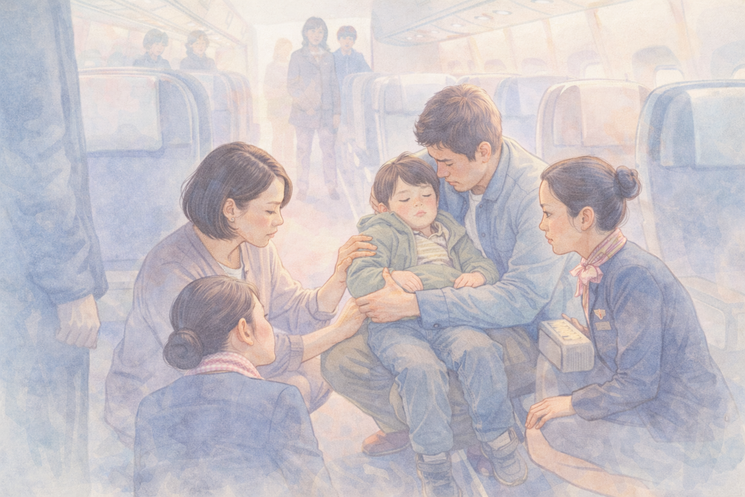 제주-김포 비행기 안에서 자폐 스펙트럼 장애 승객이 경기을 일으키자, 승무원과 승객들이 한마음으로 응급 조치를 돕고 이륙 지연을 이해해 준 따뜻한 미담이 전해졌다. 챗GPT로 생성한 이미지.