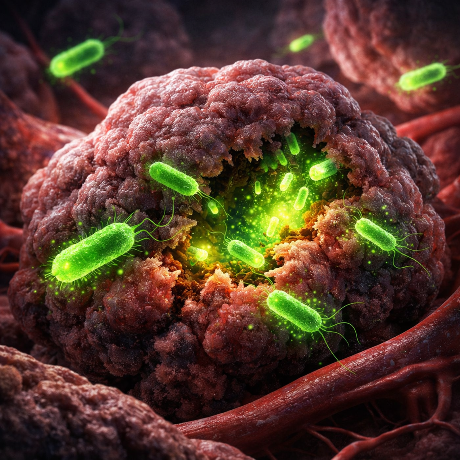 유전자를 조작한 박테리아가 종양 내부로 침투해 증식한 뒤 암 조직을 단계적으로 공격하는 개념을 시각화한 이미지. 종양 중심부에서 활성화되는 박테리아 치료 원리를 표현했다. 챗GPT 생성 이미지