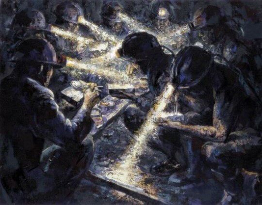 황재형 작가가 1985년 그리기 시작해 2007년 완성한 ‘식사 Ⅱ’.캔버스 위에 석탄가루를 섞은 물감 등 혼합 재료를 써서 갱도 속 광부들의 식사 장면을 묘사했다.