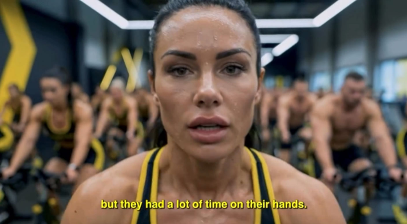 AI 확산으로 대량 실직이 발생한 미래를 가정한 풍자 영상에서 사람들이 운동을 통해 AI 서버 전력을 생산하는 모습. (출처=AiCandy)