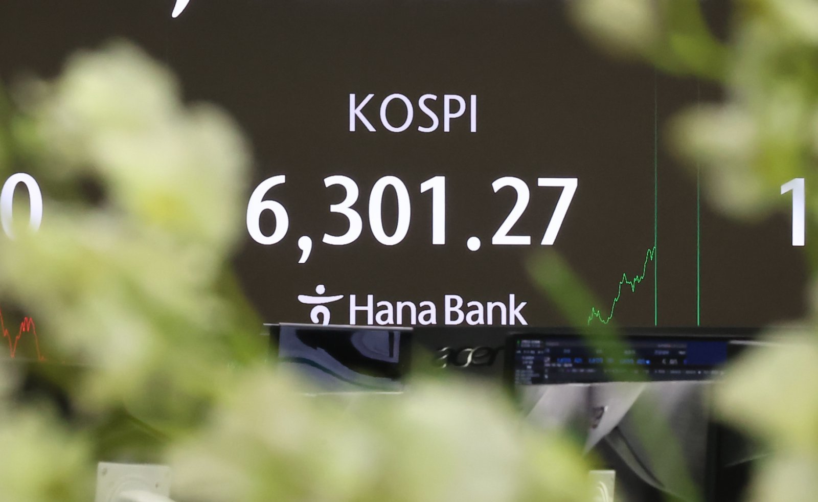 26일 서울 중구 하나은행 딜링룸 전광판에 코스피 지수가 6,300을 넘어서고 있다. 2026.2.26 ⓒ 뉴스1 김도우 기자