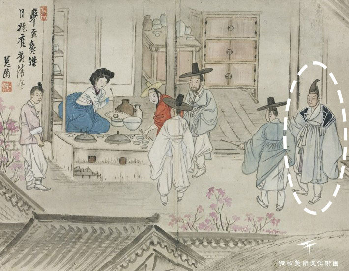 신윤복 ‘주사거배’. 18세기 후반 주막의 풍경으로 제일 오른쪽이 의금부 아전인 나장(羅將·점선 안)이다. 까치등거리에 깔때기를 쓴 기세 좋은 모습이다. 사진 출처 간송미술문화재단