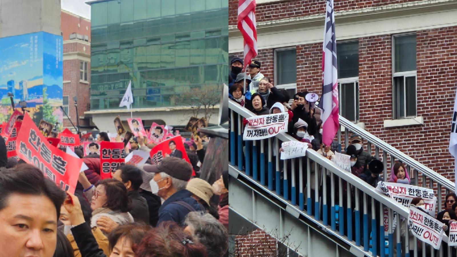 한동훈 전 국민의힘 대표가 서문시장을 방문한 지난달 27일 지지세력(좌)과 반대세력(우)이 모여있는 모습. 2026.2.27/뉴스1