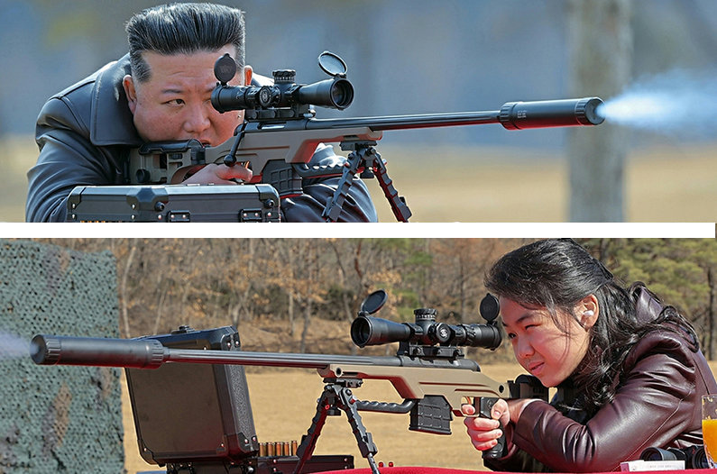 신형 소총 쏘는 김정은-주애… 딸 사격 모습도 공개 김정은 북한 국무위원장이 지난달 27일 새로 개발된 신형 소총을 조준 사격하고 있다(위 사진). 김 위원장의 딸 주애가 사격을 하는 모습도 공개됐다. 북한 노동신문은 지난달 28일 “경애하는 김정은 동지께서 27일 당 중앙위원회 본부에서 주요 지도 간부들과 군사지휘관들을 만나시고 특별히 준비하신 선물을 수여하시었다”고 보도했다. 노동신문 뉴스1