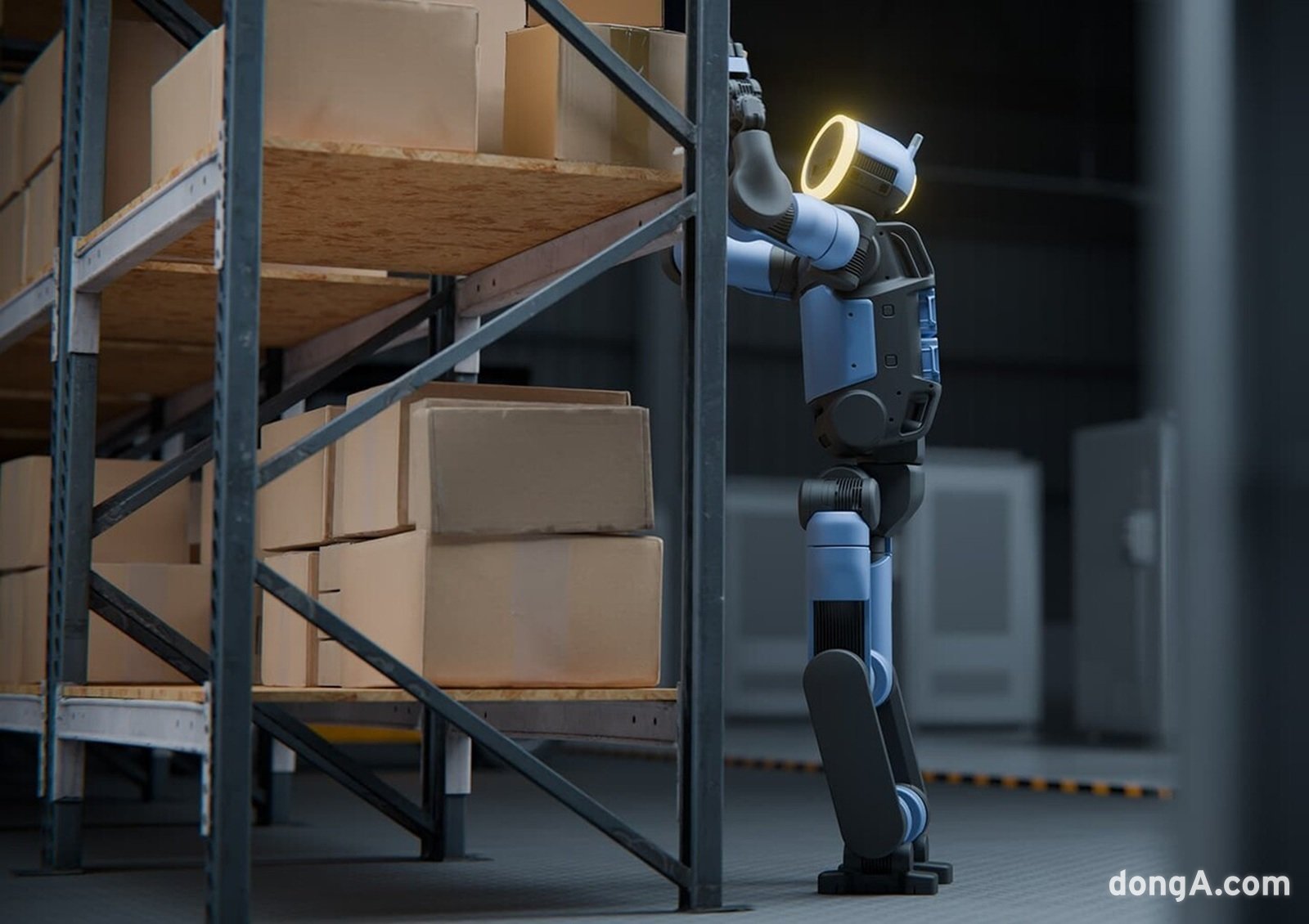 물류 작업 중인 현대차그룹 보스턴다이내믹스 휴머노이드 로봇 아틀라스 렌더링