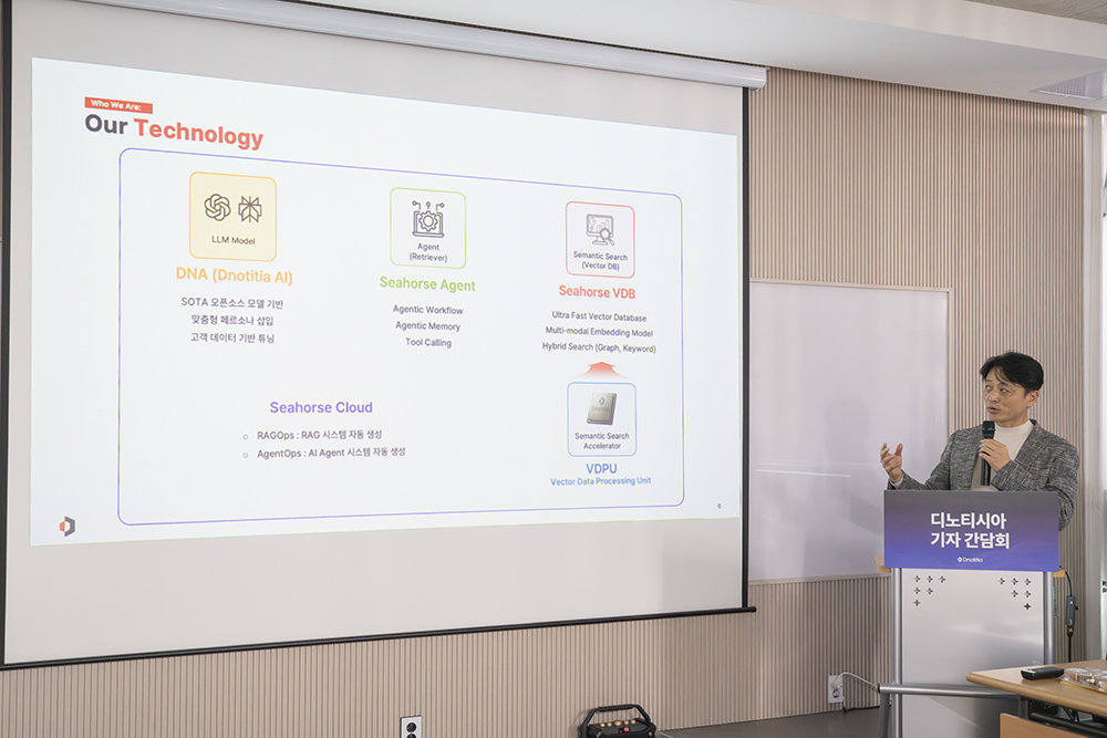 정무경 대표가 디노티시아의 씨홀스클라우드, VDPU 관련 기술을 소개 중이다 / 출처=IT동아