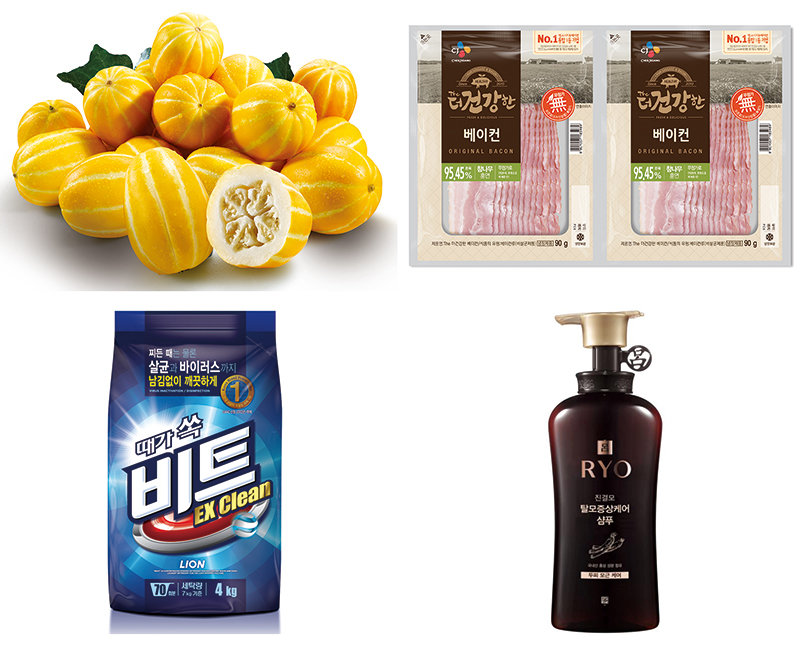 사진은 고래잇페스타 할인 제품들의 이미지 컷. 왼쪽부터 시계방향으로 성주참외, CJ 더건강한 베이컨, 려 진결모 탈모방지 샴푸, 비트 EX 분말 세탁세제. 상품별 행사기간은 상이하며 조기 품절될 수 있습니다. 자세한 내용은 점포 고지물 참고.